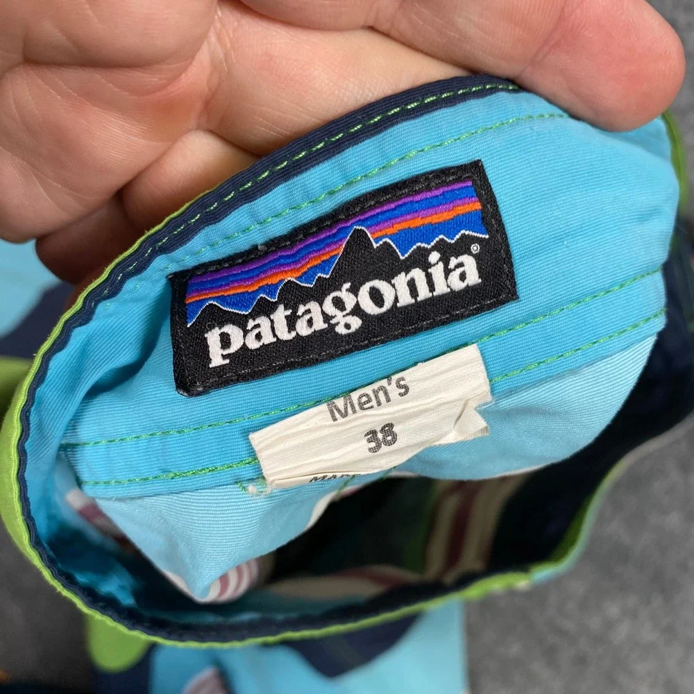 Patagonia Mens Striped Board Shorts Green Blue Maroon Swim Trunks Size‎ 38